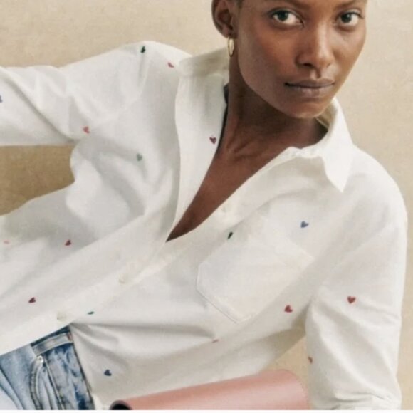 Sezane Tomboy Embroidered Button Down Shirt, Multi-Color Hearts - Picture 1 of 6